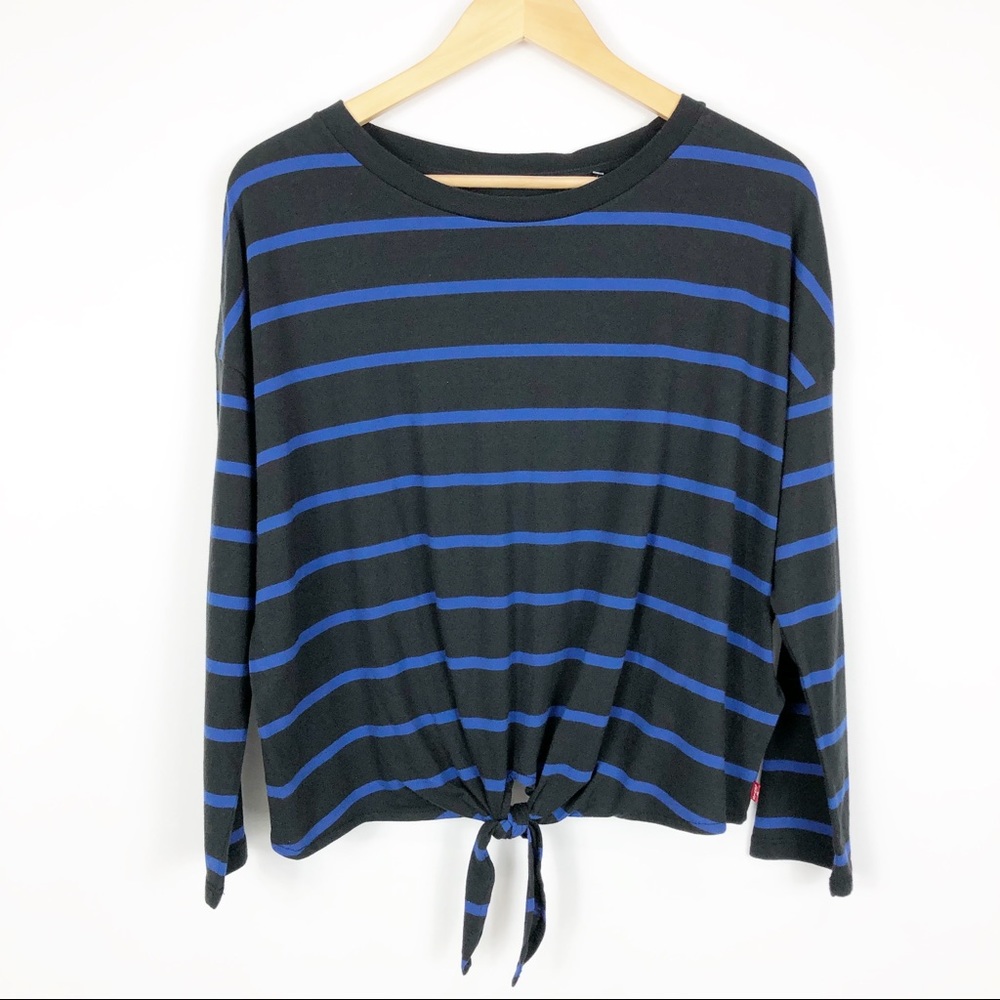 Levi’s Black & Blue Striped Tie Front Top Size M - Picture 1 of 8